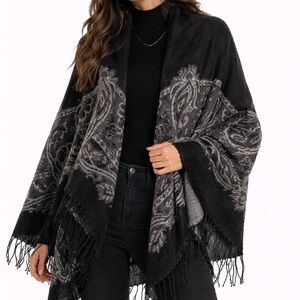 Black Paisley Fringe Open-Front Sweater Wrap